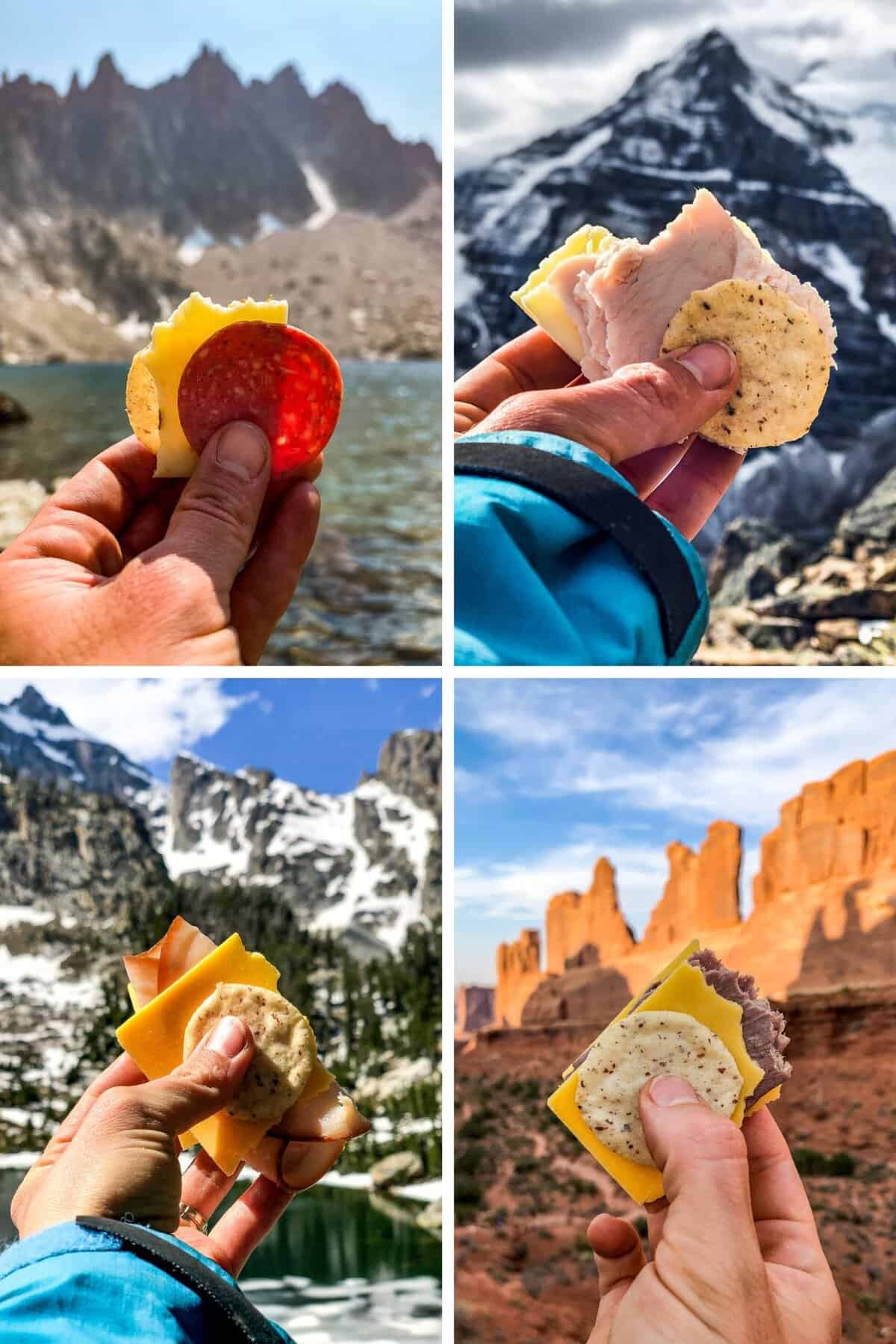 Four photos in a collage showing lunchables in different mountain scenes.