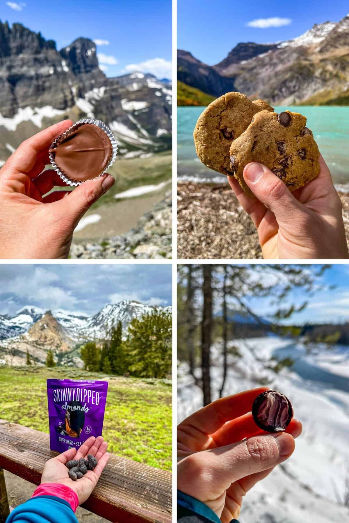 Four photos in a collage showing a peanut butter cup, chocolate chip cookies, chocolate covered almonds, and a chocolate truffle in mountain scenes.