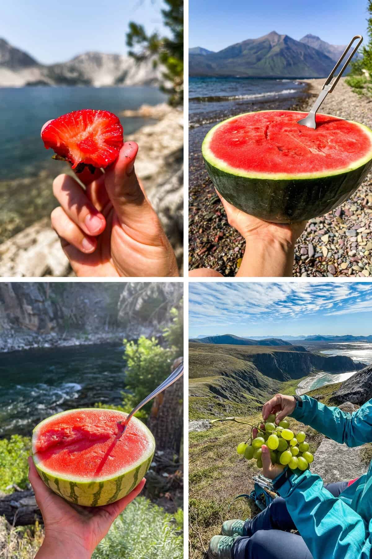 Four photos showing strawberries, watermelon and grapes outdoors in mountain scenes.