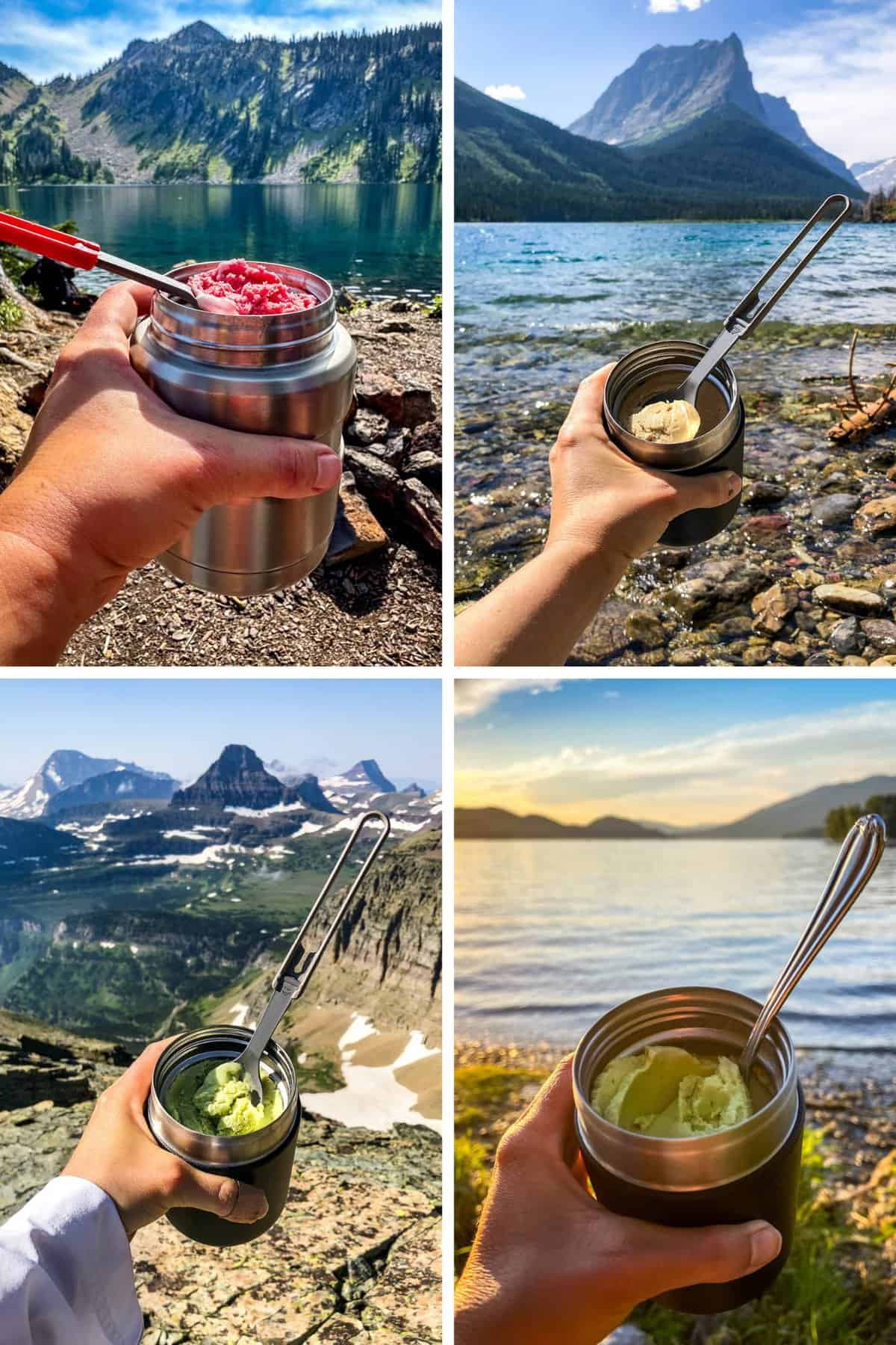 Four photos showing ice cream in a thermos in different mountain and lake scenes.