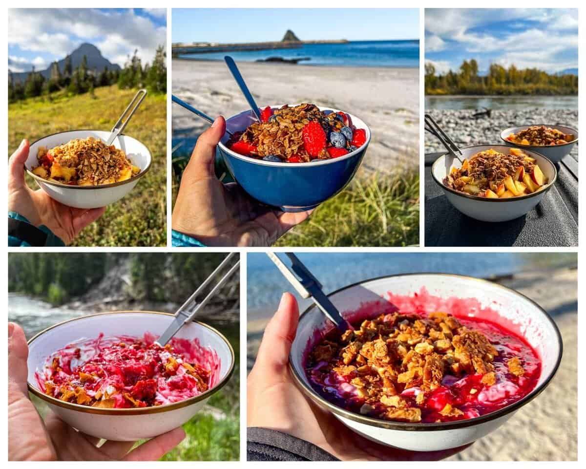 Five photos in a collage showing bowls of yogurt and granola with fruit sauce and berries.