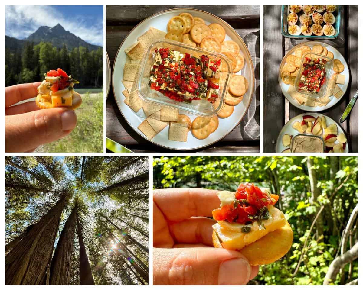 Five photos in a collage showing marinated cheese on a wood picnic table with views of a glacier river and mountains and marinated cheese on crackers.