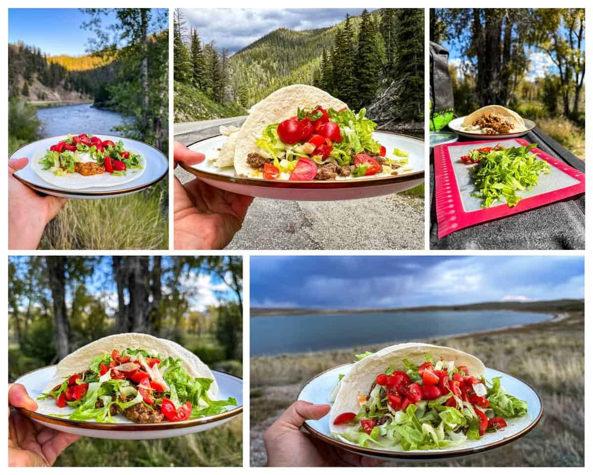 Five photos in a collage showing tacos by a river, by a lake, on a tailgate, and with the forest in the background.