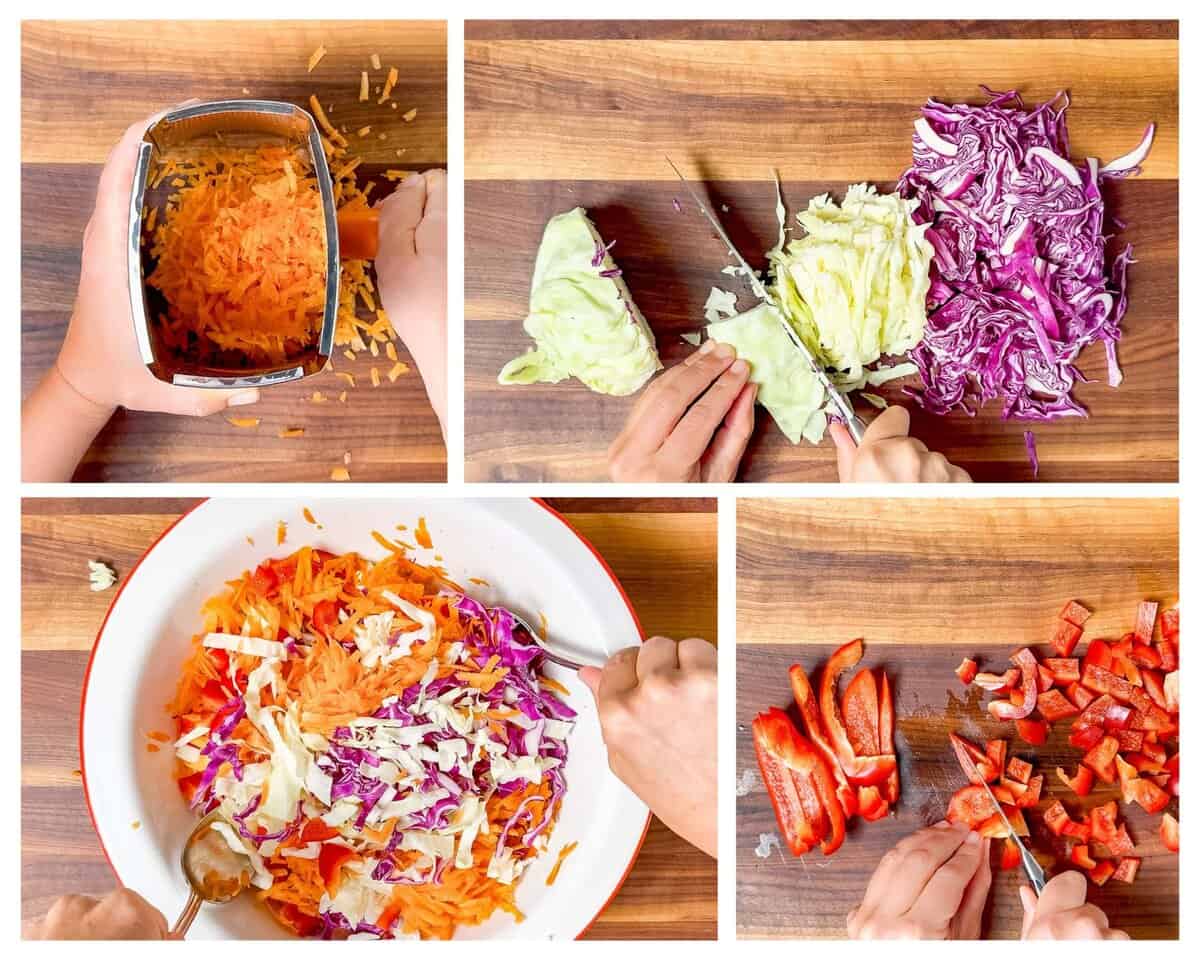 Four photos in a collage showing cutting up cabbage, grating carrots, cutting bell pepper, and mixing them all together in a large white bowl.
