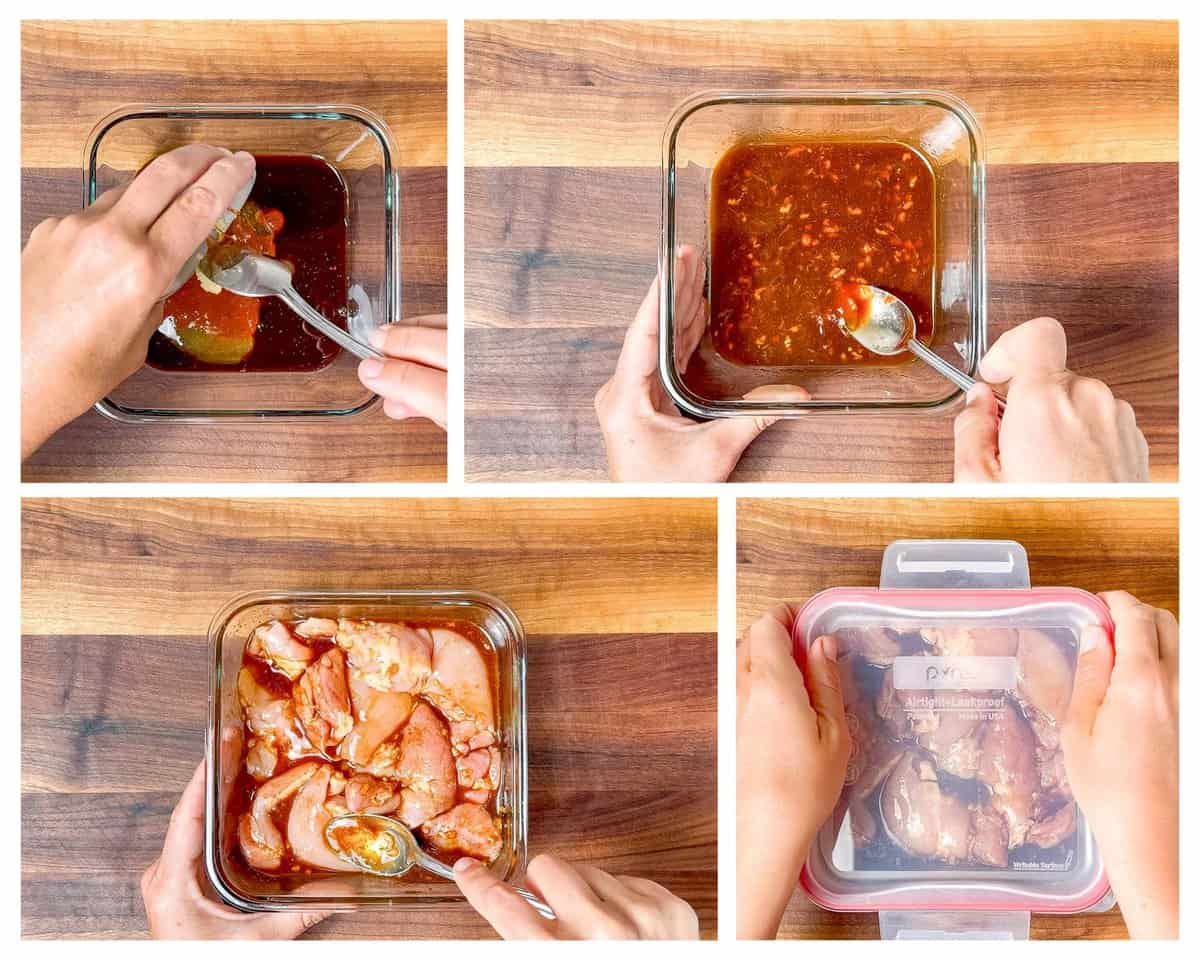 Four photos in a collage showing mixing the marinade, adding the chicken thighs and covering to refrigerate.
