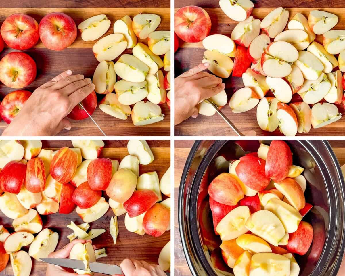 Quartering and coring the apples and adding them to the slow cooker bowl.