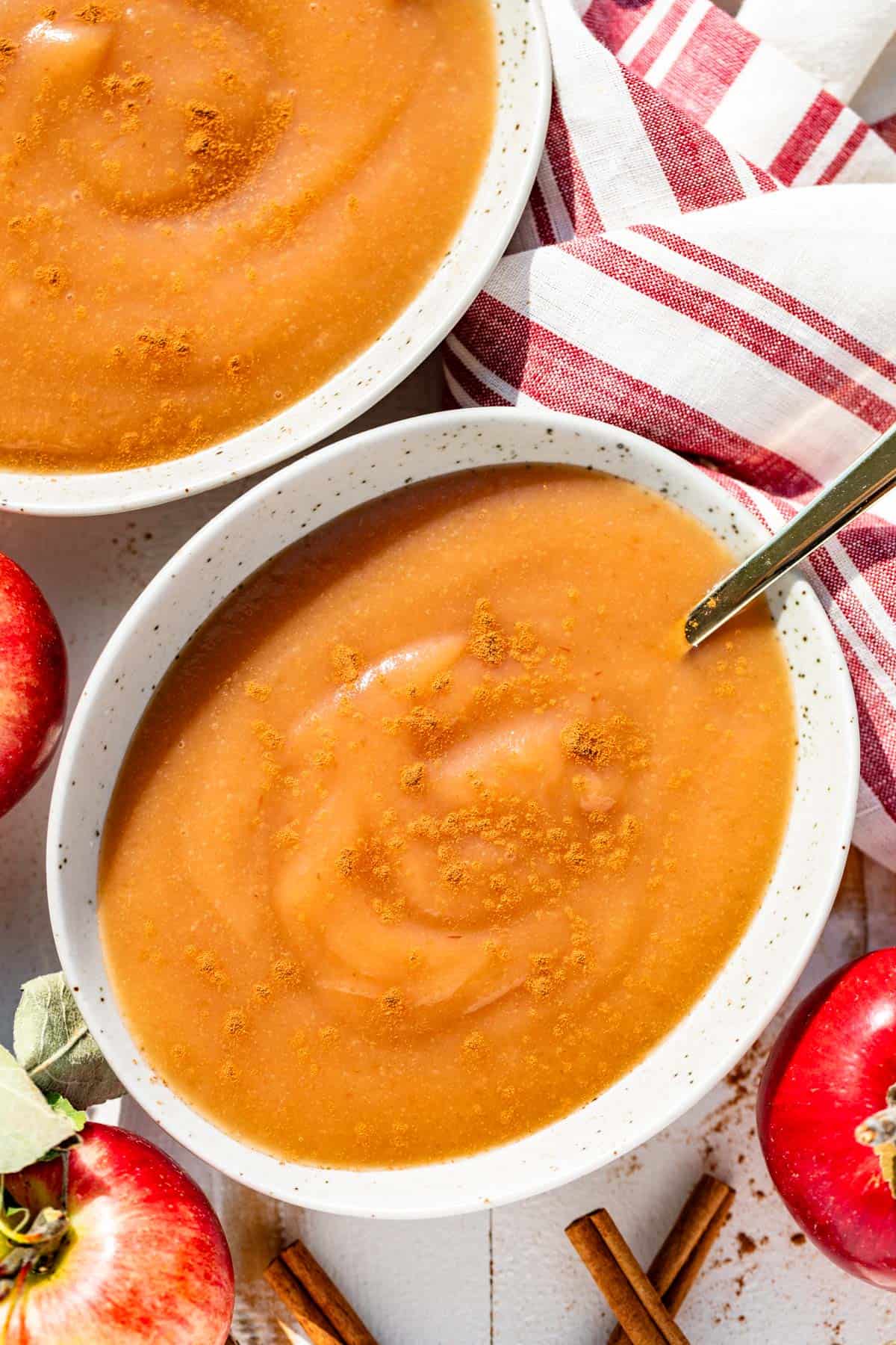 Applesauce in a pottery bowl sprinkled with cinnamon with a gold spoon in it with apples and cinnamon sticks around it.