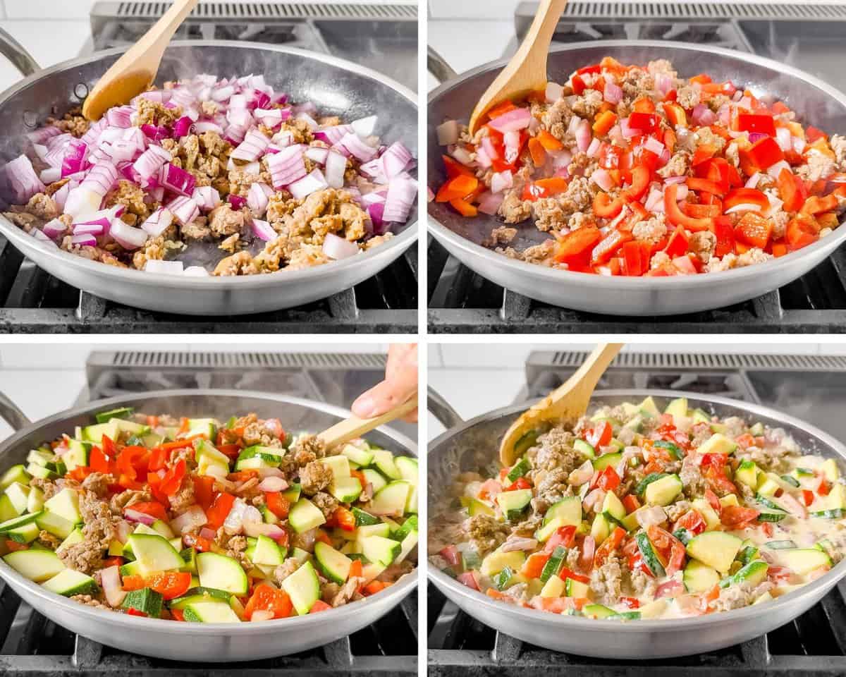 Four photos in a collage showing cooking Italian sausage with onions, adding red bell peppers, zucchini, then heavy cream to the skillet.
