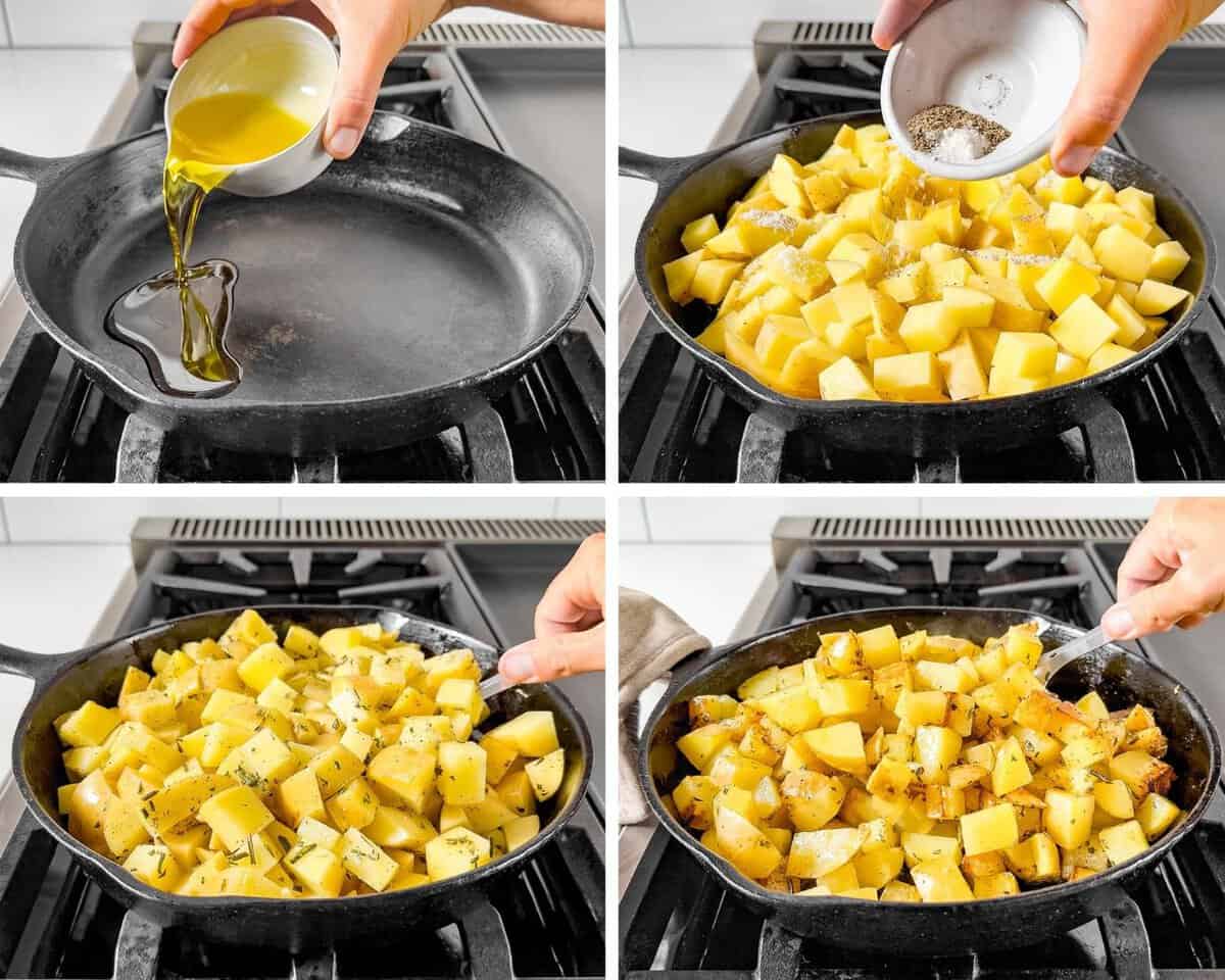 Four photos in a collage adding olive oil to a cast iron skillet, then adding the potatoes, then sea salt and pepper along with the rosemary and stirring the potatoes.