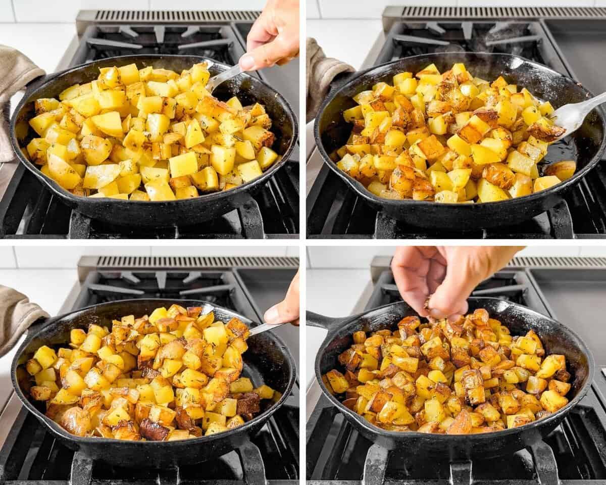 Four photos in a collage showing the stages of the pan fried potatoes going from raw to browned.