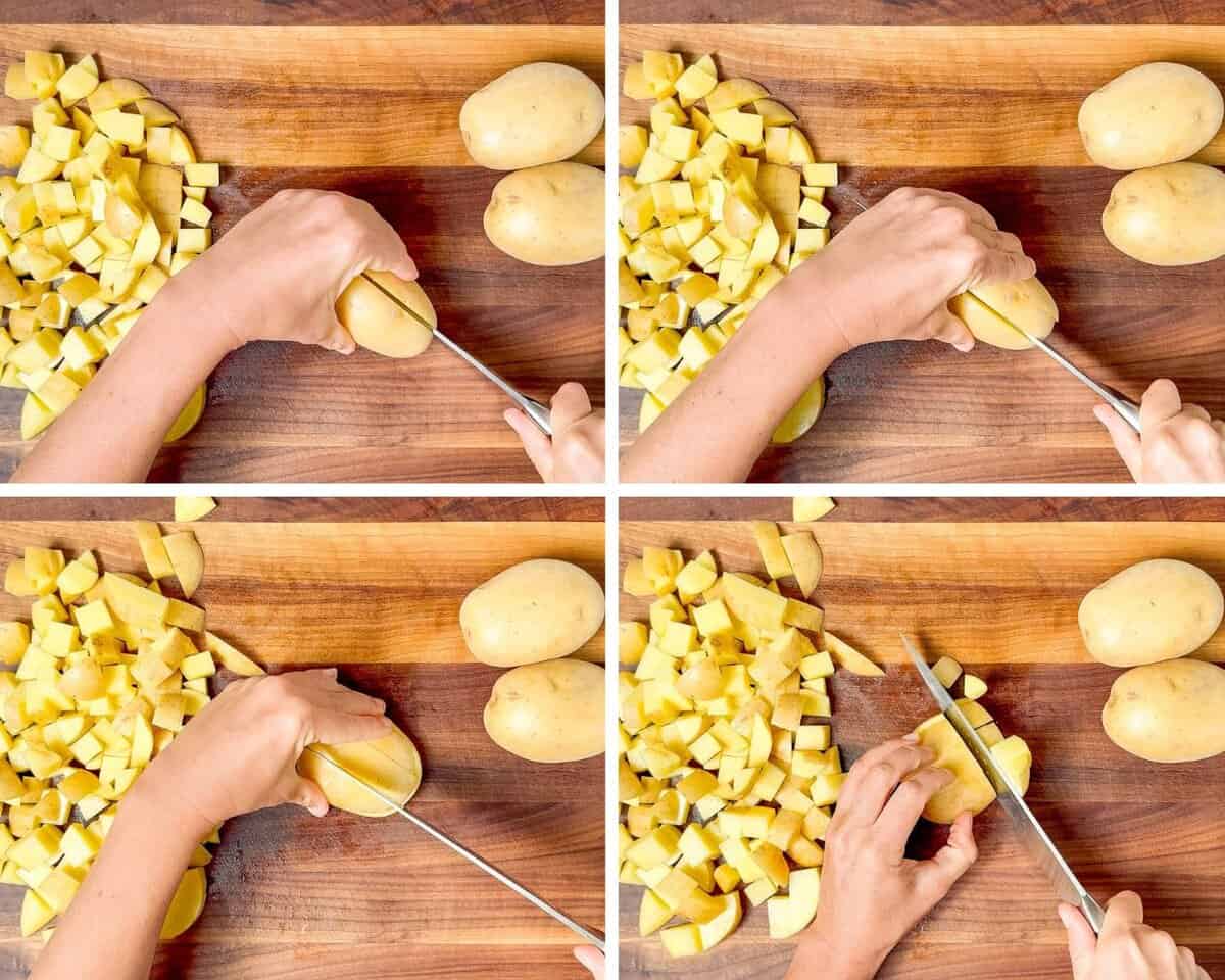 Four photos in a collage showing cutting up the potatoes into cubes.